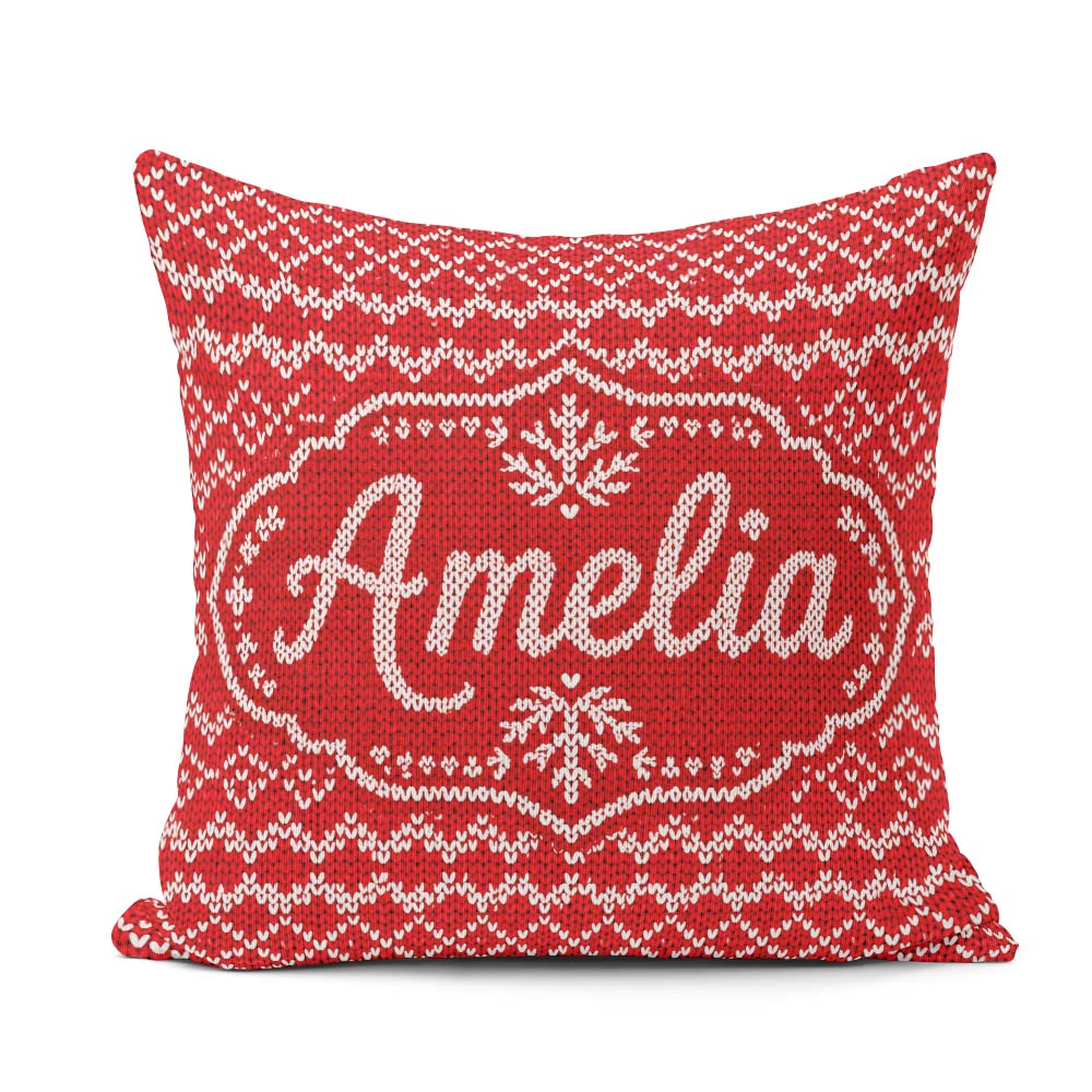 Custom Name Cute Red Knitted Heart Nordic Simple Festive Pattern Square Filled Cushion Throw Pillow Sofa Bed Home Decor Zip Washable UK Made