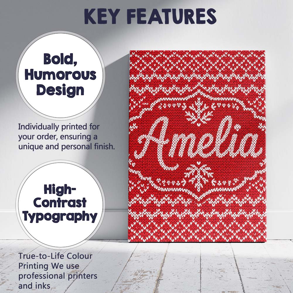 Personalised Name Cute Red Knitted Heart Custom  Unique Gift Idea Elegant Feature Canvas Wall Art Print Decor Picture Ready to Hang