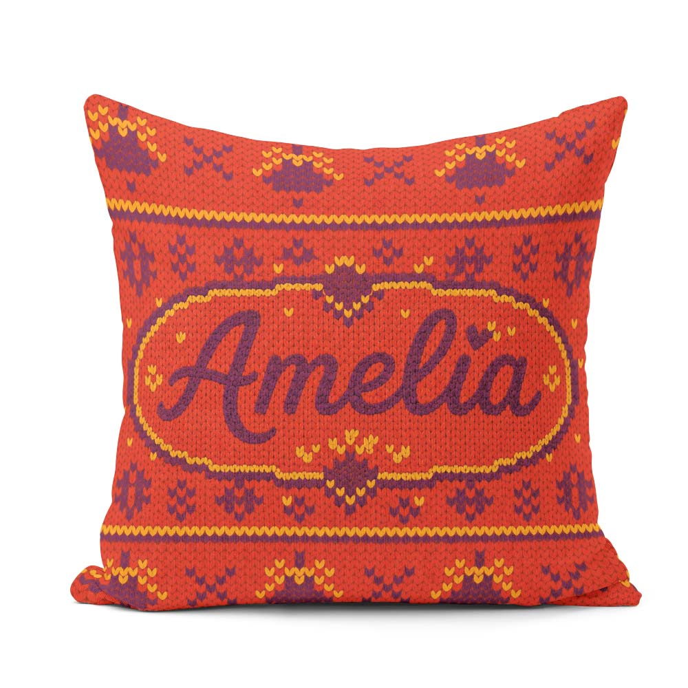 Custom Name Red Orange Knitted Heart Nordic Warm Festive Pattern Square Filled Cushion Throw Pillow Sofa Bed Home Decor Zip Washable UK Made