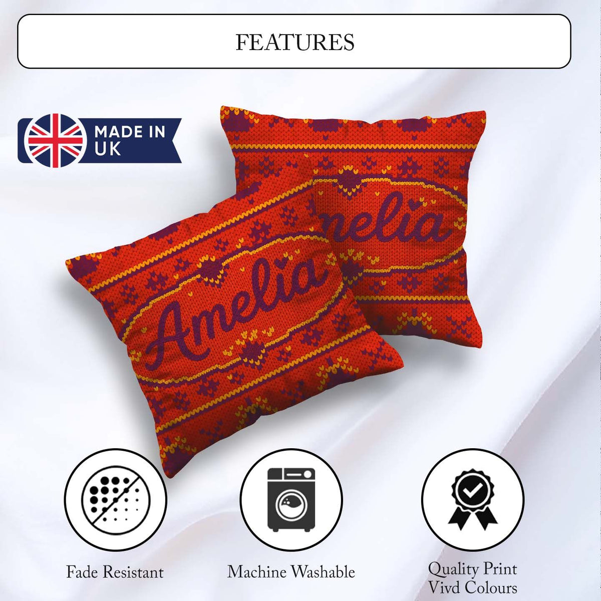 Custom Name Red Orange Knitted Heart Nordic Warm Festive Pattern Square Filled Cushion Throw Pillow Sofa Bed Home Decor Zip Washable UK Made