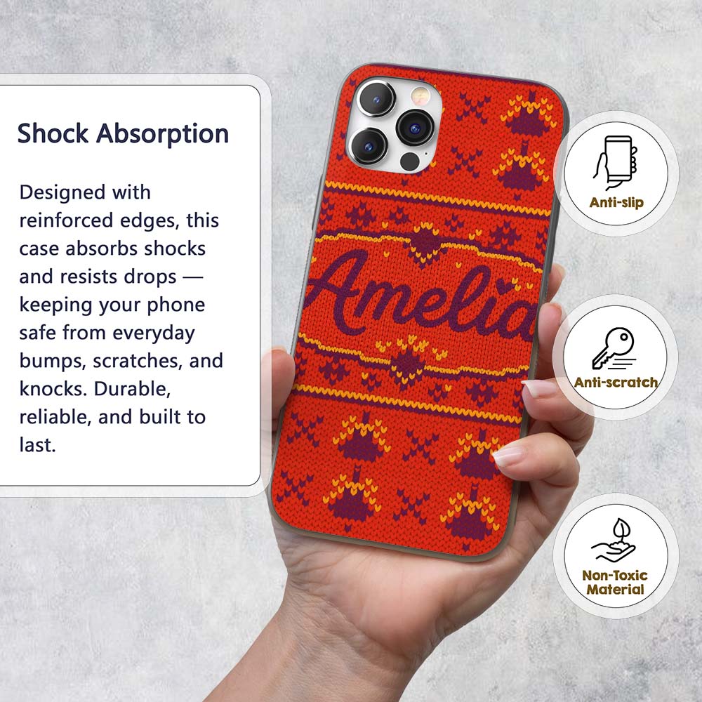 Cute Red Orange Knitted Heart Nordic Warm Festive Custom Name Protective Phone Case Mobile Cover Durable Everyday Smartphone Shock Resistant