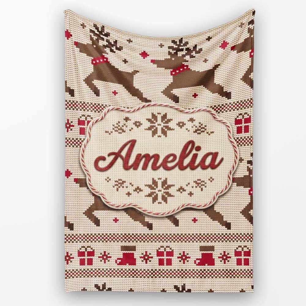 Cute Beige Nordic Reindeer Gift Christmas Knitted Seamless Pattern  Personalised Custom Name Super Soft Fleece Blanket Bed Sofa Throw