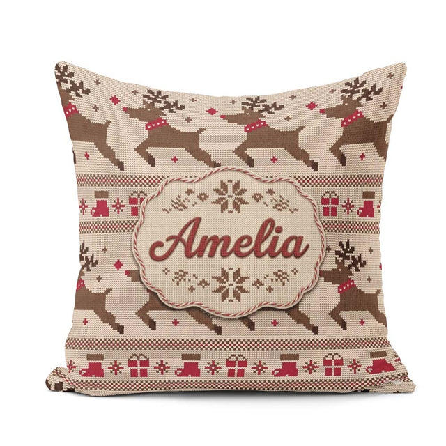 Custom Name Cute Beige Nordic Reindeer Christmas Knitted Pattern Square Filled Cushion Throw Pillow Sofa Bed Home Decor Zip Washable UK Made