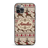 Cute Beige Nordic Reindeer Gift Christmas Knitted Custom Name Protective Phone Case Mobile Cover Durable Everyday Smartphone Shock Resistant