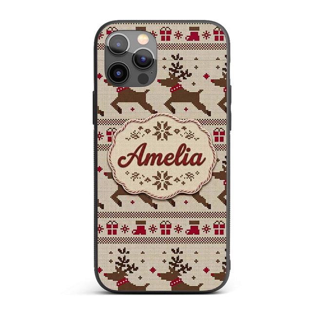 Cute Beige Nordic Reindeer Gift Christmas Knitted Custom Name Protective Phone Case Mobile Cover Durable Everyday Smartphone Shock Resistant