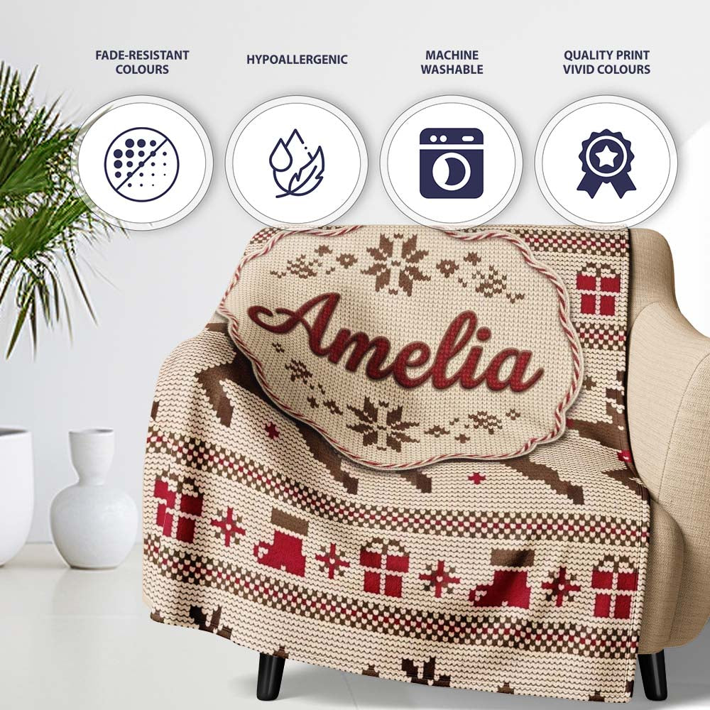 Cute Beige Nordic Reindeer Gift Christmas Knitted Seamless Pattern  Personalised Custom Name Super Soft Fleece Blanket Bed Sofa Throw