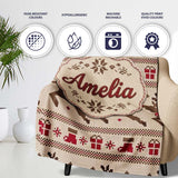 Cute Beige Nordic Reindeer Gift Christmas Knitted Seamless Pattern  Personalised Custom Name Super Soft Fleece Blanket Bed Sofa Throw