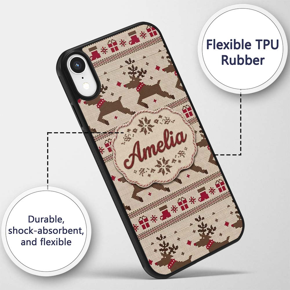 Cute Beige Nordic Reindeer Gift Christmas Knitted Custom Name Protective Phone Case Mobile Cover Durable Everyday Smartphone Shock Resistant