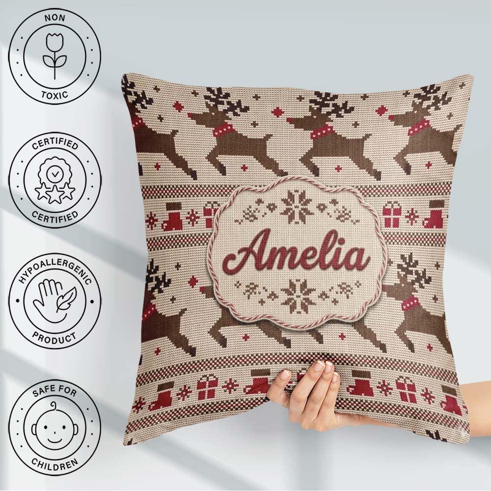 Custom Name Cute Beige Nordic Reindeer Christmas Knitted Pattern Square Filled Cushion Throw Pillow Sofa Bed Home Decor Zip Washable UK Made