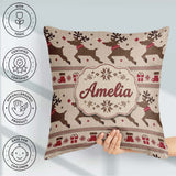 Custom Name Cute Beige Nordic Reindeer Christmas Knitted Pattern Square Filled Cushion Throw Pillow Sofa Bed Home Decor Zip Washable UK Made