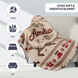 Cute Beige Nordic Reindeer Gift Christmas Knitted Seamless Pattern  Personalised Custom Name Super Soft Fleece Blanket Bed Sofa Throw