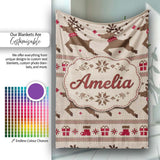 Cute Beige Nordic Reindeer Gift Christmas Knitted Seamless Pattern  Personalised Custom Name Super Soft Fleece Blanket Bed Sofa Throw