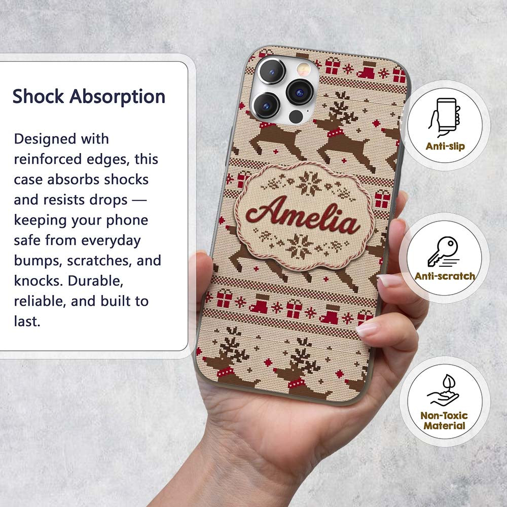 Cute Beige Nordic Reindeer Gift Christmas Knitted Custom Name Protective Phone Case Mobile Cover Durable Everyday Smartphone Shock Resistant