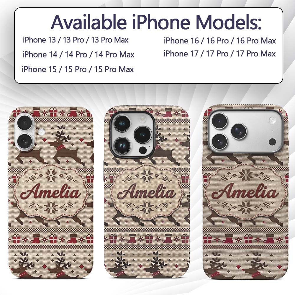 Cute Beige Nordic Reindeer Gift Christmas Knitted Custom Name Protective Phone Case Mobile Cover Durable Everyday Smartphone Shock Resistant