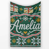 Cute Green Nordic Christmas Tree Snowflake Gift Knitted Seamless  Personalised Custom Name Super Soft Fleece Blanket Bed Sofa Throw