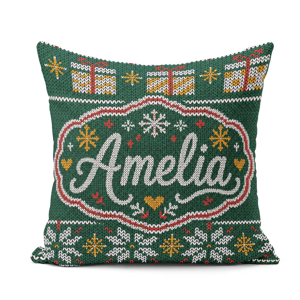 Custom Name Cute Green Christmas Tree Snowflake Knitted Seamless Square Filled Cushion Throw Pillow Sofa Bed Home Decor Zip Washable UK Made