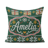Custom Name Cute Green Christmas Tree Snowflake Knitted Seamless Square Filled Cushion Throw Pillow Sofa Bed Home Decor Zip Washable UK Made