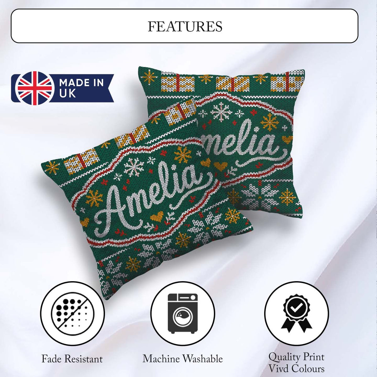 Custom Name Cute Green Christmas Tree Snowflake Knitted Seamless Square Filled Cushion Throw Pillow Sofa Bed Home Decor Zip Washable UK Made