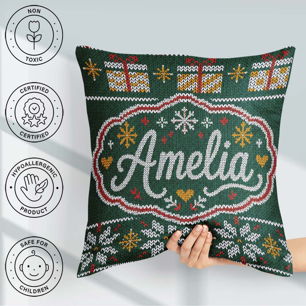 Custom Name Cute Green Christmas Tree Snowflake Knitted Seamless Square Filled Cushion Throw Pillow Sofa Bed Home Decor Zip Washable UK Made