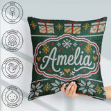 Custom Name Cute Green Christmas Tree Snowflake Knitted Seamless Square Filled Cushion Throw Pillow Sofa Bed Home Decor Zip Washable UK Made