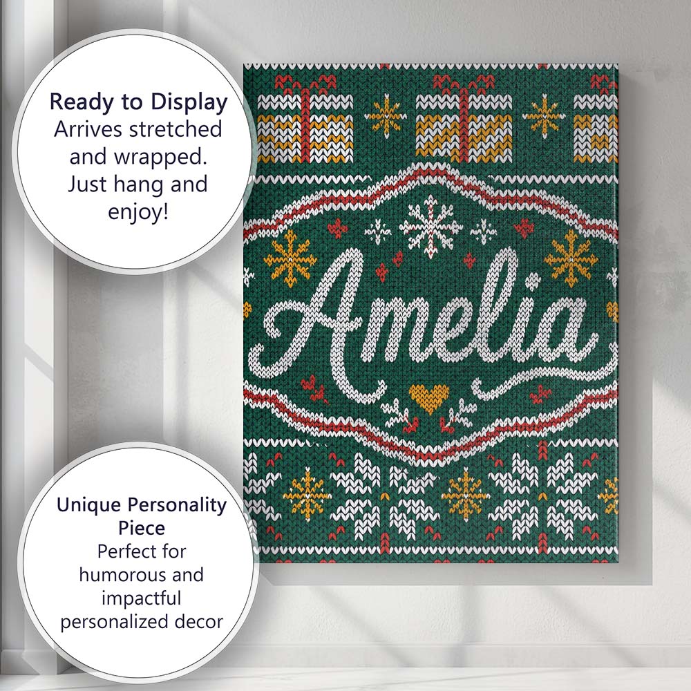 Personalised Name Cute Green Nordic Christmas Custom Unique Gift Idea Modern Room Accent Canvas Wall Art Print Decor Picture Ready to Hang