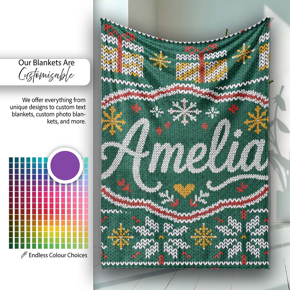 Cute Green Nordic Christmas Tree Snowflake Gift Knitted Seamless  Personalised Custom Name Super Soft Fleece Blanket Bed Sofa Throw