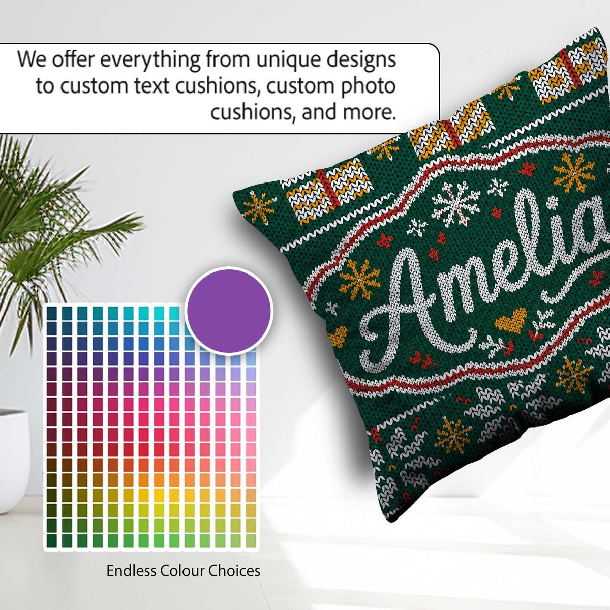 Custom Name Cute Green Christmas Tree Snowflake Knitted Seamless Square Filled Cushion Throw Pillow Sofa Bed Home Decor Zip Washable UK Made