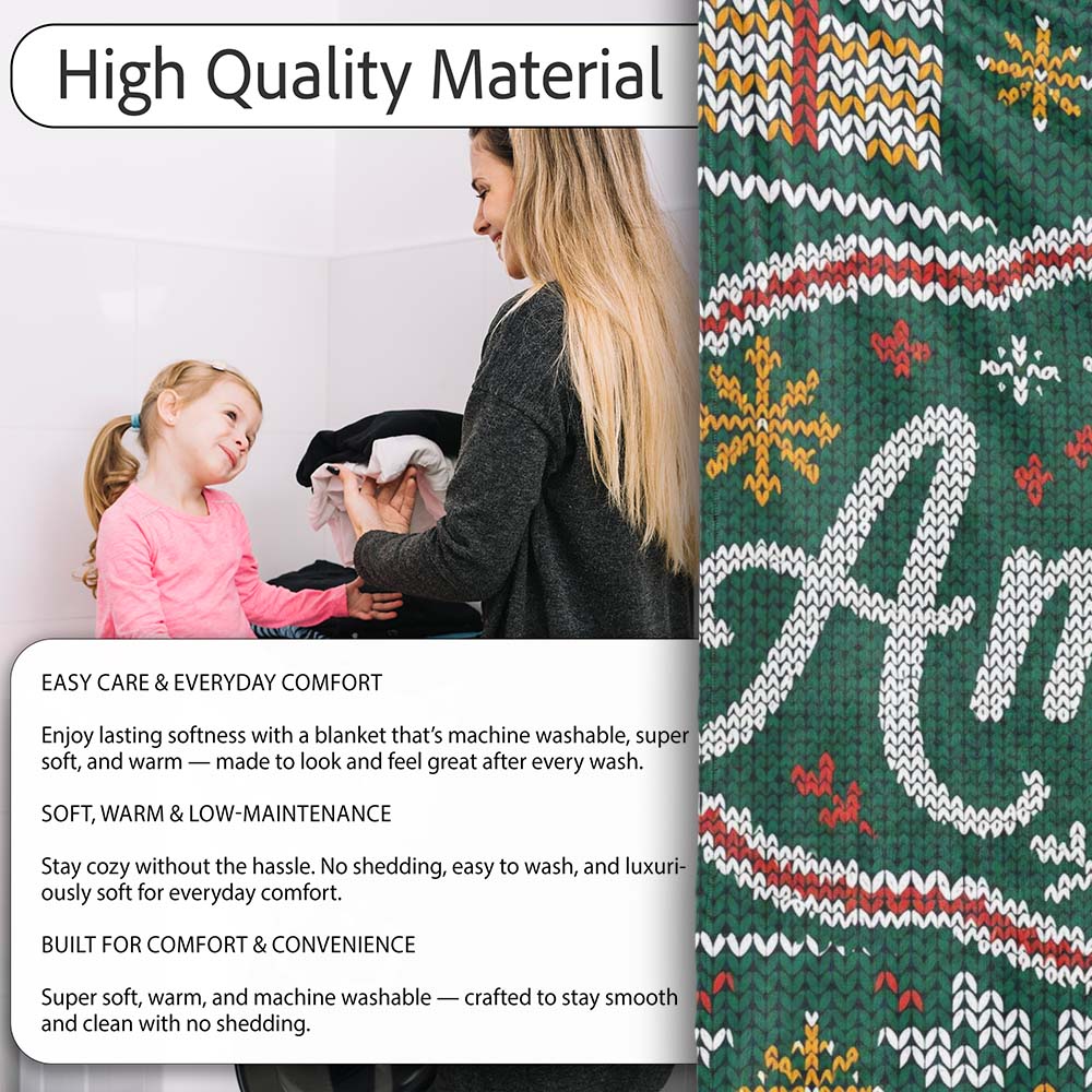Cute Green Nordic Christmas Tree Snowflake Gift Knitted Seamless  Personalised Custom Name Super Soft Fleece Blanket Bed Sofa Throw
