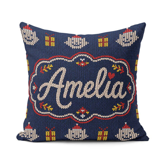 Custom Name Cute Blue Nordic Christmas Knitted Seamless Pattern Square Filled Cushion Throw Pillow Sofa Bed Home Decor Zip Washable UK Made