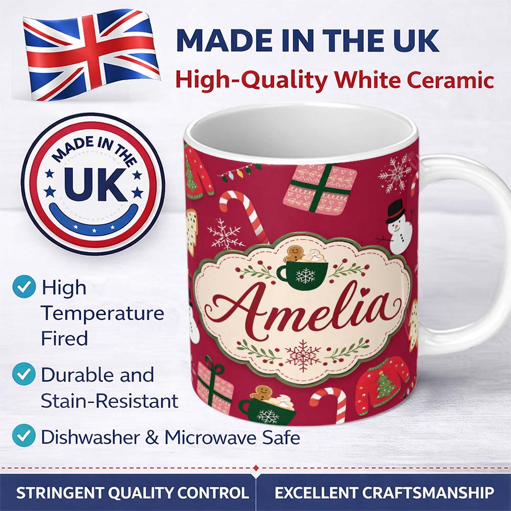 Personalized Custom Name Cute Christmas Sweater Snowman Candy Cane Gifts Seamless Pattern 11oz Ceramic Coffee Tea Mug White Large Handle