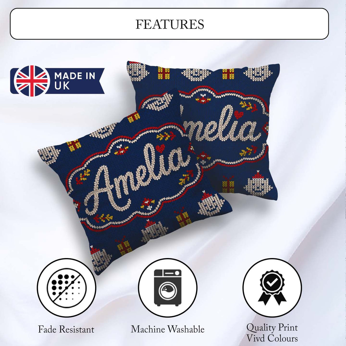 Custom Name Cute Blue Nordic Christmas Knitted Seamless Pattern Square Filled Cushion Throw Pillow Sofa Bed Home Decor Zip Washable UK Made