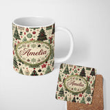 Personalized Custom Name Elegant Christmas Tree Star Snowflake Gift Festive Seamless Pattern 11oz Ceramic Coffee Tea Mug White Large Handle
