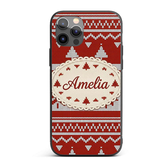 Cute Red White Nordic Snowflake Winter Knitted Custom Name Protective Phone Case Mobile Cover Durable Everyday Smartphone Shock Resistant