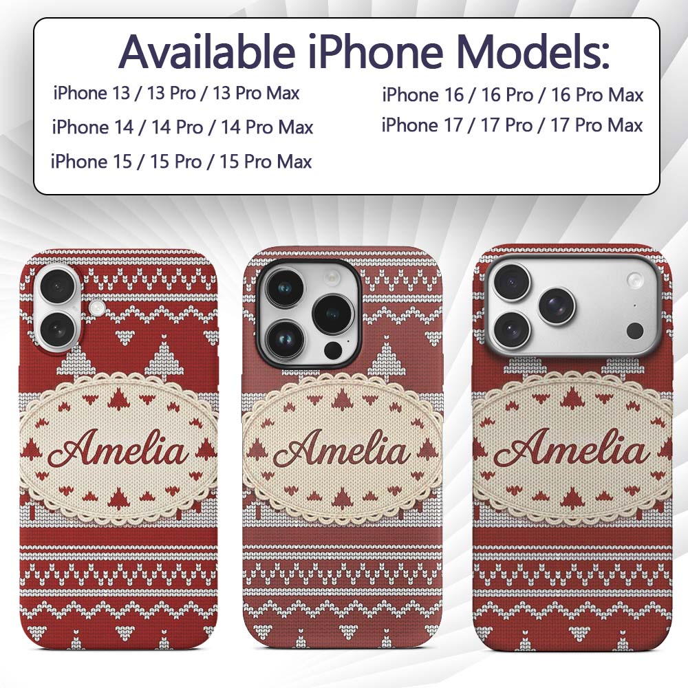 Cute Red White Nordic Snowflake Winter Knitted Custom Name Protective Phone Case Mobile Cover Durable Everyday Smartphone Shock Resistant