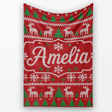 Cute Red Nordic Reindeer Snowflake Christmas Tree Knitted Seamless  Personalised Custom Name Super Soft Fleece Blanket Bed Sofa Throw