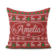 Custom Name Red Nordic Reindeer Snowflake Christmas Tree Knitted Square Filled Cushion Throw Pillow Sofa Bed Home Decor Zip Washable UK Made