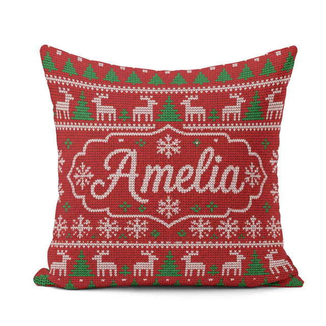 Custom Name Red Nordic Reindeer Snowflake Christmas Tree Knitted Square Filled Cushion Throw Pillow Sofa Bed Home Decor Zip Washable UK Made