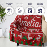 Cute Red Nordic Reindeer Snowflake Christmas Tree Knitted Seamless  Personalised Custom Name Super Soft Fleece Blanket Bed Sofa Throw