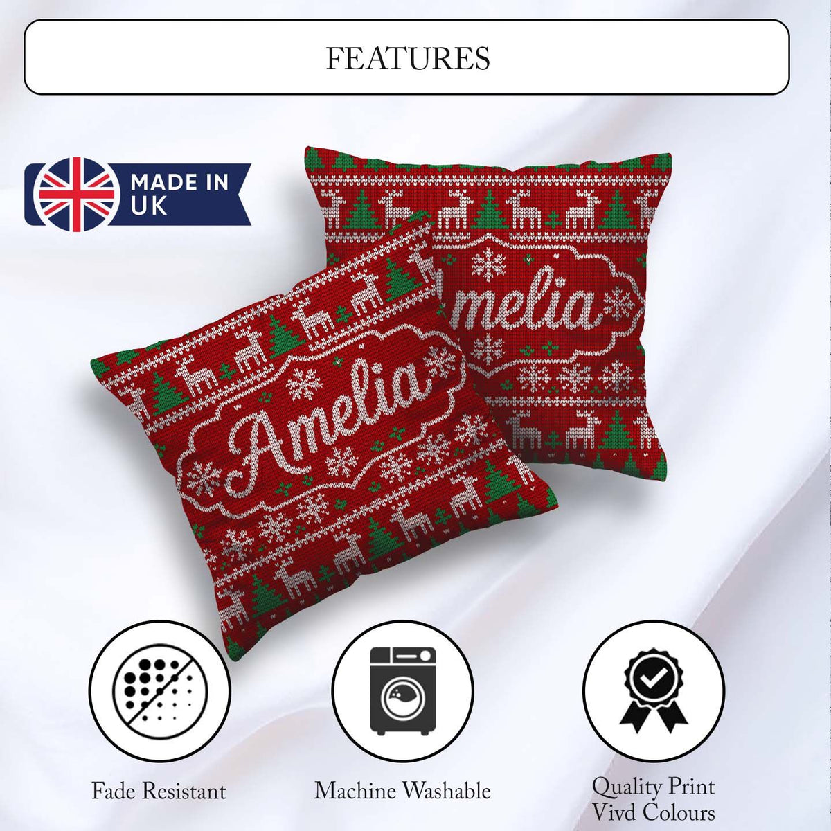 Custom Name Red Nordic Reindeer Snowflake Christmas Tree Knitted Square Filled Cushion Throw Pillow Sofa Bed Home Decor Zip Washable UK Made
