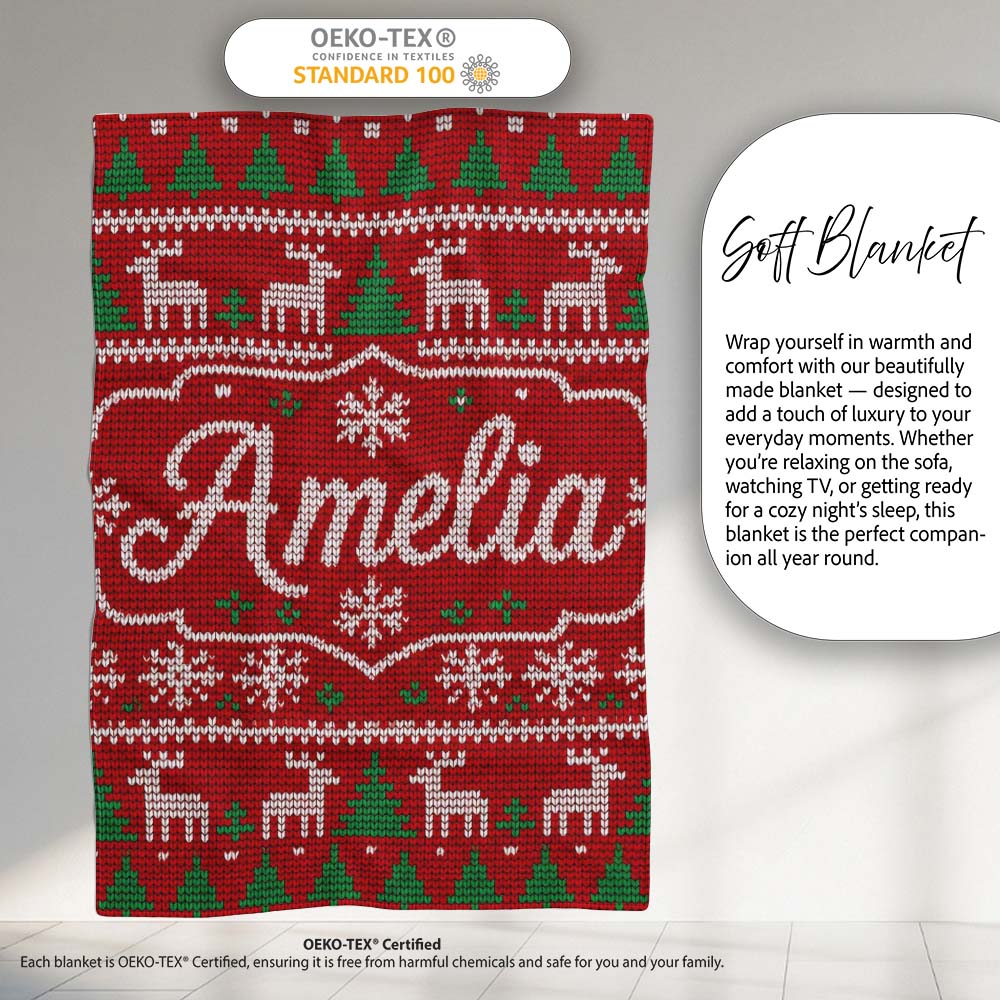 Cute Red Nordic Reindeer Snowflake Christmas Tree Knitted Seamless  Personalised Custom Name Super Soft Fleece Blanket Bed Sofa Throw