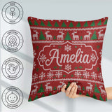 Custom Name Red Nordic Reindeer Snowflake Christmas Tree Knitted Square Filled Cushion Throw Pillow Sofa Bed Home Decor Zip Washable UK Made