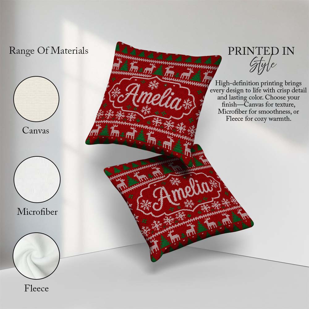 Custom Name Red Nordic Reindeer Snowflake Christmas Tree Knitted Square Filled Cushion Throw Pillow Sofa Bed Home Decor Zip Washable UK Made