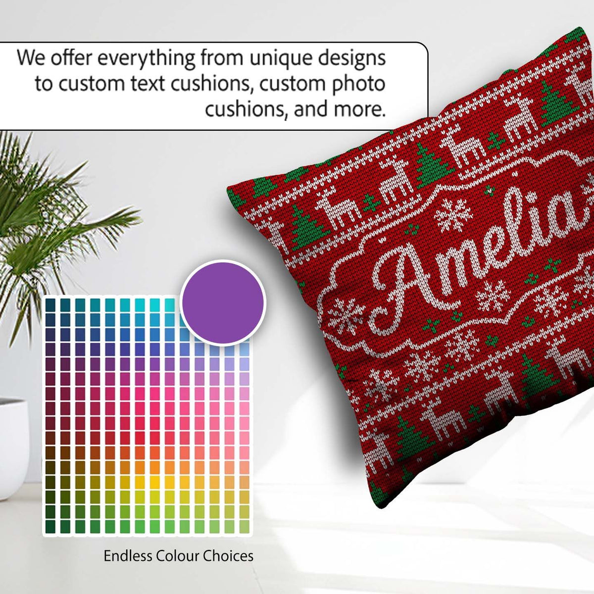 Custom Name Red Nordic Reindeer Snowflake Christmas Tree Knitted Square Filled Cushion Throw Pillow Sofa Bed Home Decor Zip Washable UK Made