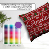 Custom Name Red Nordic Reindeer Snowflake Christmas Tree Knitted Square Filled Cushion Throw Pillow Sofa Bed Home Decor Zip Washable UK Made