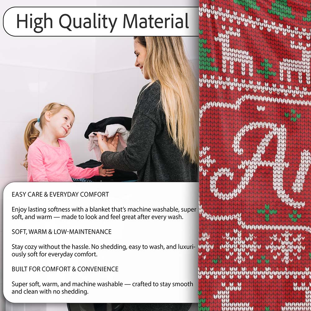 Cute Red Nordic Reindeer Snowflake Christmas Tree Knitted Seamless  Personalised Custom Name Super Soft Fleece Blanket Bed Sofa Throw
