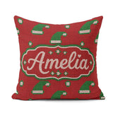 Custom Name Cute Red Green Christmas Hat Festive Knitted Pattern Square Filled Cushion Throw Pillow Sofa Bed Home Decor Zip Washable UK Made