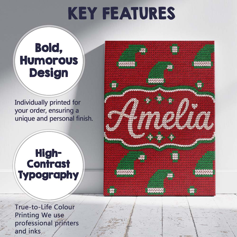 Personalised Name Cute Red Green Christmas Custom  Unique Gift Idea Elegant Feature Canvas Wall Art Print Decor Picture Ready to Hang