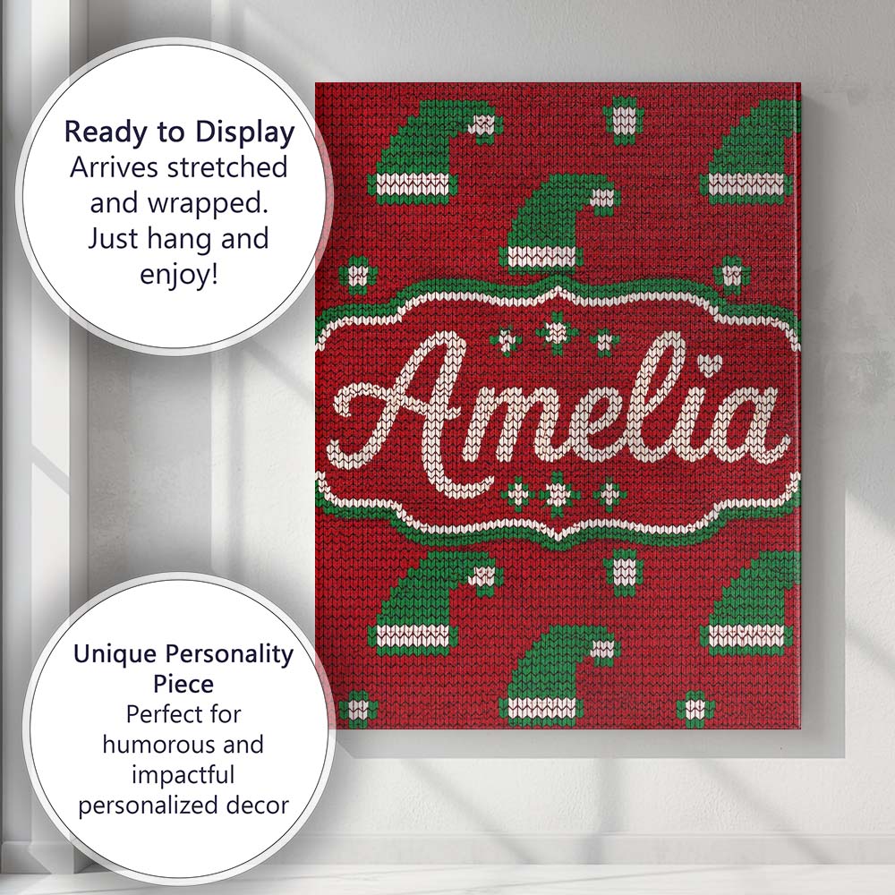 Personalised Name Cute Red Green Christmas Custom  Unique Gift Idea Elegant Feature Canvas Wall Art Print Decor Picture Ready to Hang