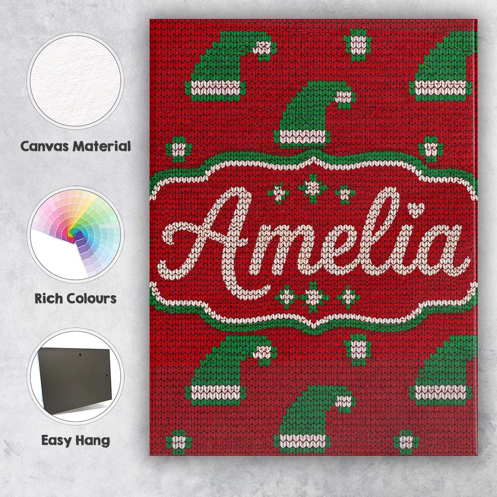 Personalised Name Cute Red Green Christmas Custom  Unique Gift Idea Elegant Feature Canvas Wall Art Print Decor Picture Ready to Hang