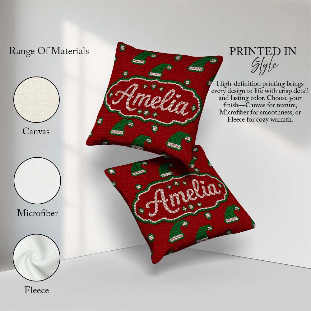 Custom Name Cute Red Green Christmas Hat Festive Knitted Pattern Square Filled Cushion Throw Pillow Sofa Bed Home Decor Zip Washable UK Made